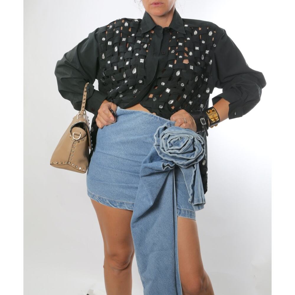 MAGDA BUTRYM Blue Denim Rose Sash Detailed Mini Skirt Size S